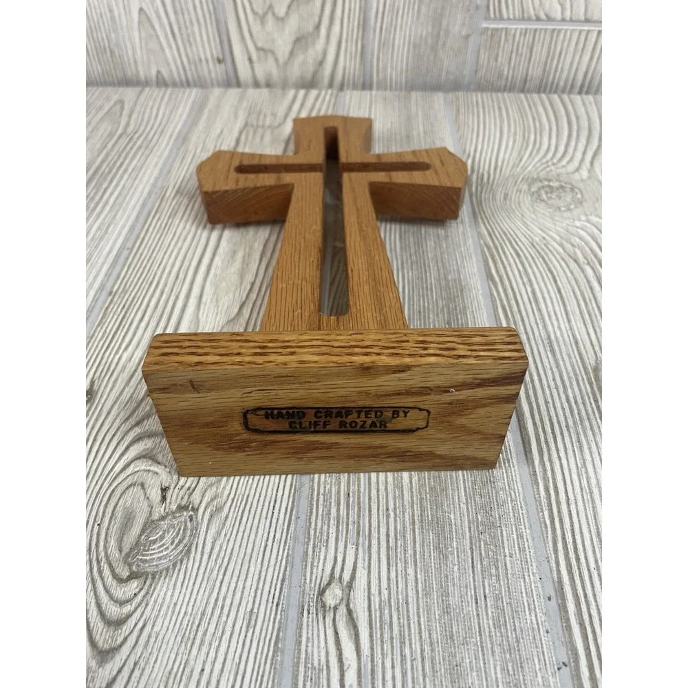 Vintage Oak Stained Wooden Standing Cross 9x5.75 Handcrafted Decor